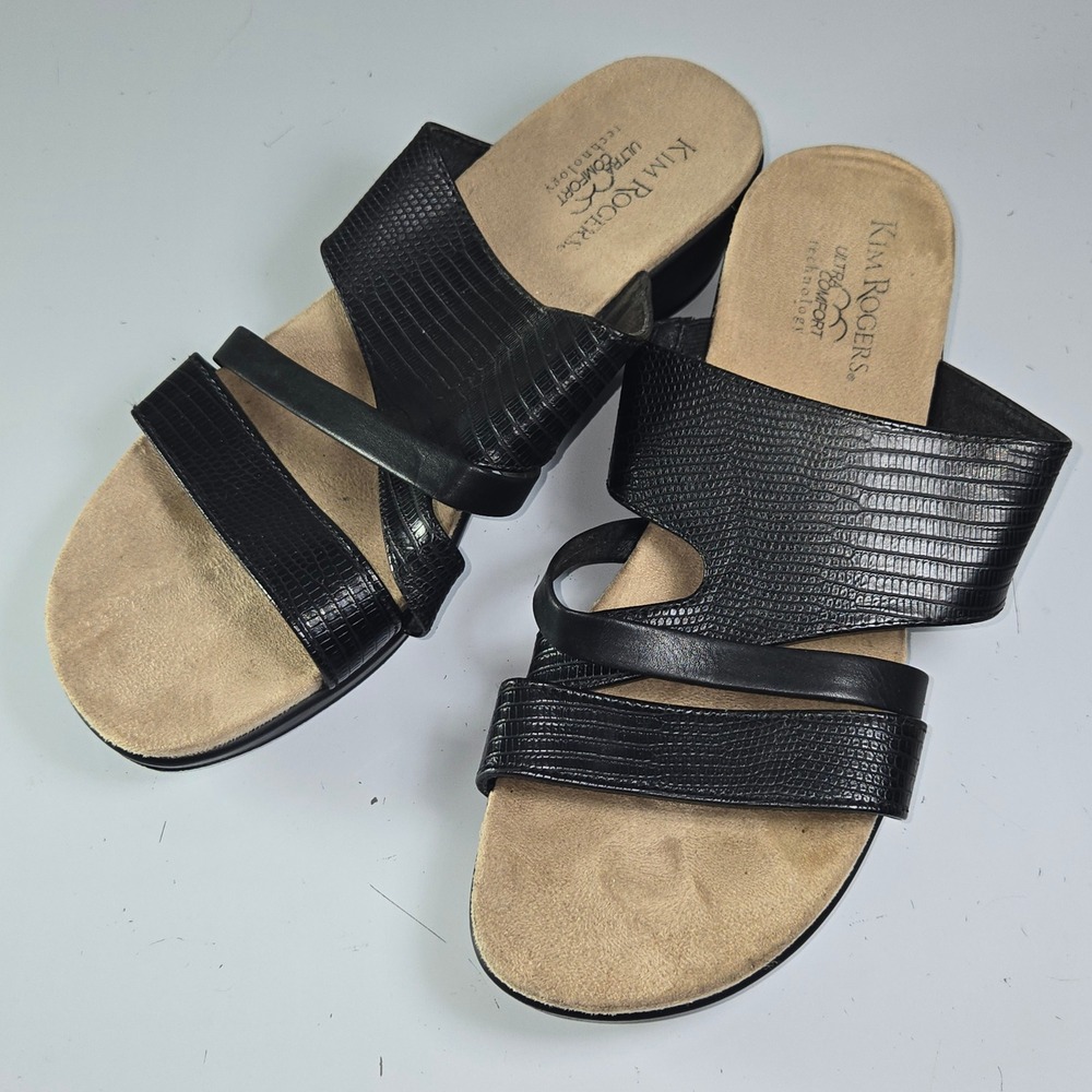 N0256 Kim Rogers Norma Women Black Faux Lizard Skin Comfort Wedge Sandals Sz 8.5